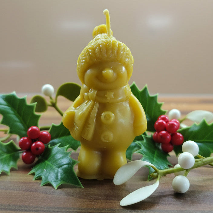 Handcrafted Pure Beeswax Candle – Charming Snowman Design – Stones Honey