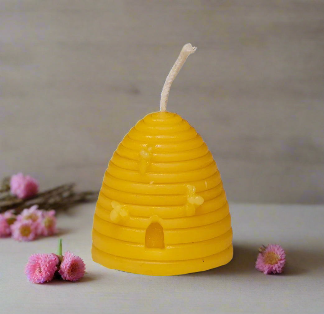 Pure Hand Poured Beeswax Candle - Skep with Bees