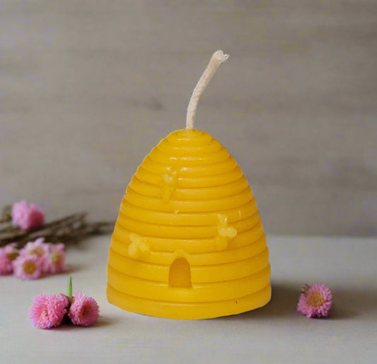Pure Hand Poured Beeswax Candle - Skep with Bees