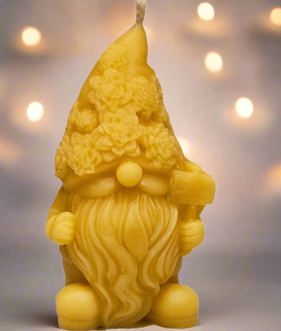 Hand Poured Pure Beeswax Candle - Gnome with sign