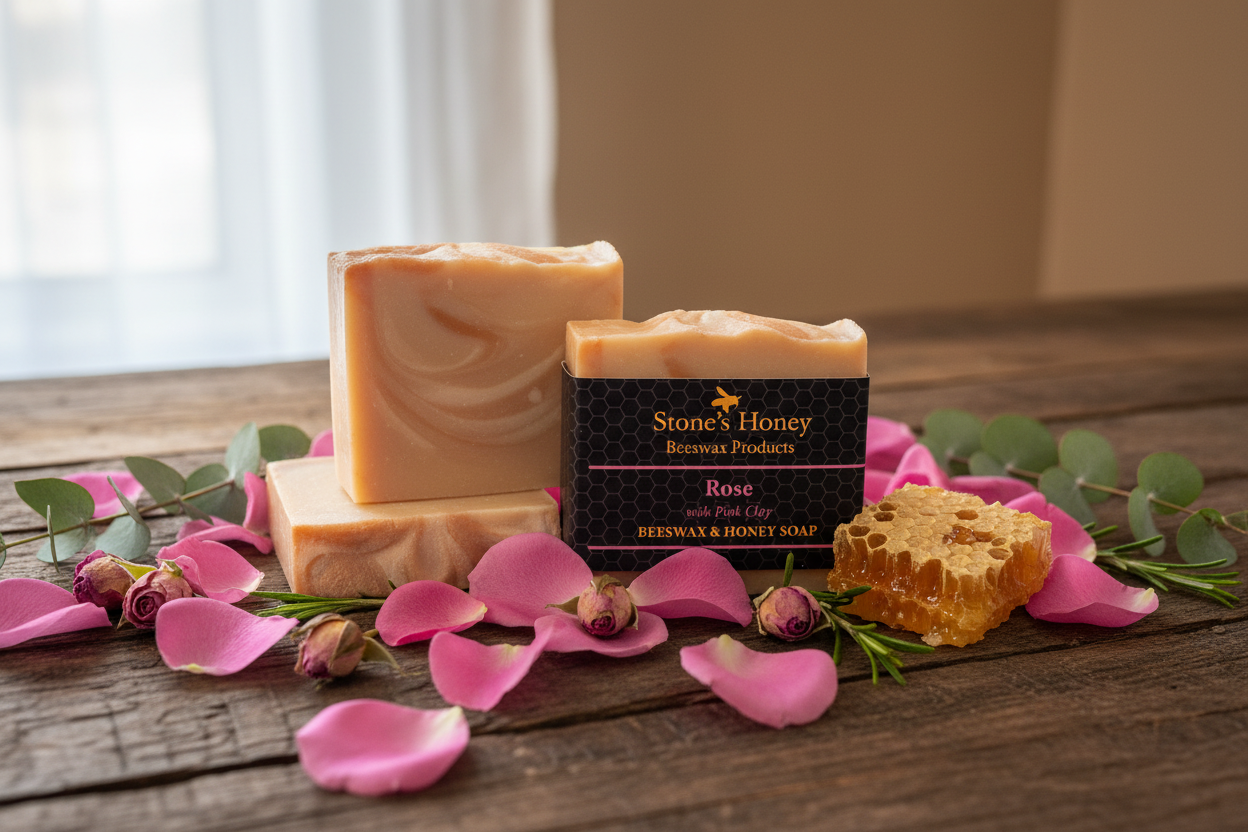 Honey & Beeswax Soap Rose scented | Natural Floral Bar with Pink Clay | 80g