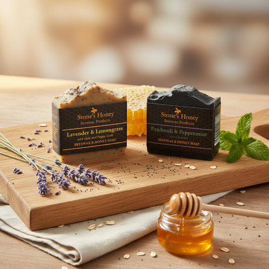 Two handcrafted honey and beeswax soap bars by Stones Honey — natural plastic-free skincare
