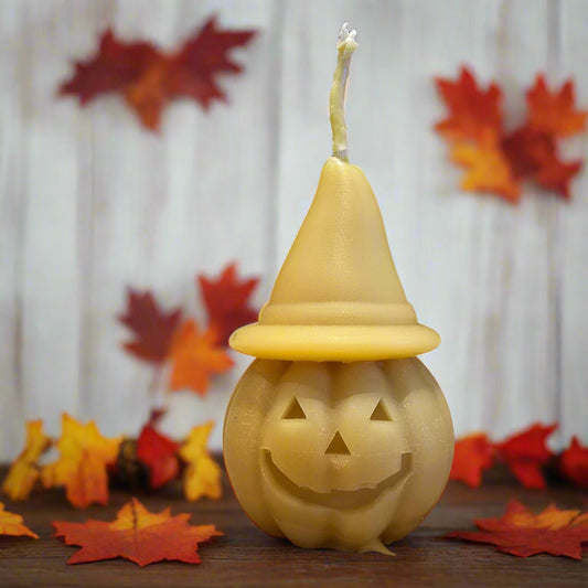 Pumpkin With Witch Hat Pure Beeswax Candle