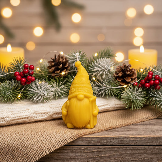 Handcrafted Pure Beeswax Candle – Festive Winter Gnome Design