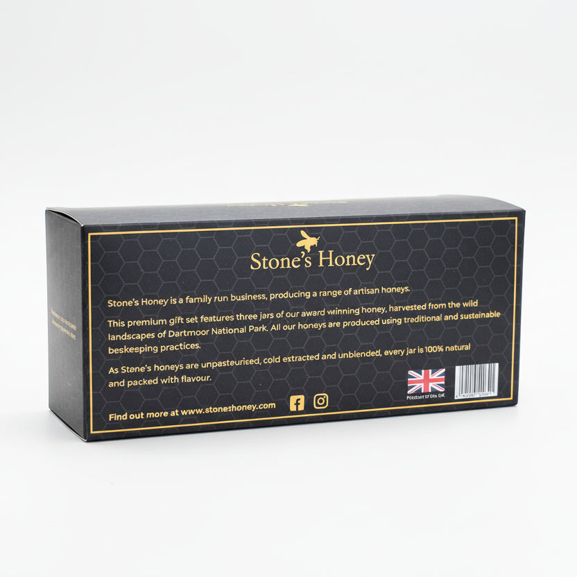 Box of Stones Honey Dartmoor trio on a textured surface