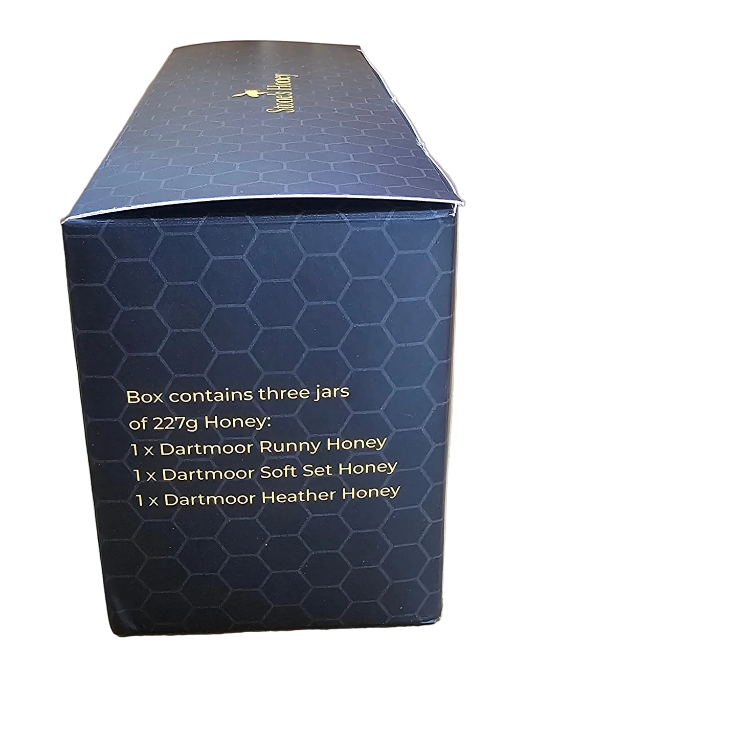 End view of Black Stone's honey Dartmoor Trio gift box with yellow text