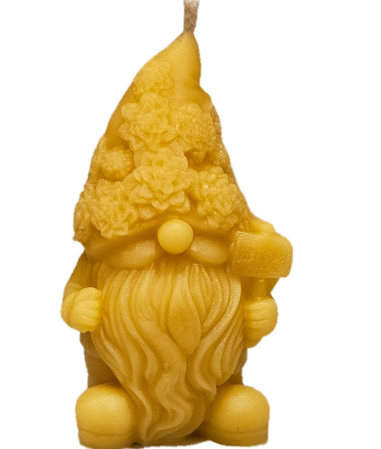 Hand Poured Pure Beeswax Candle - Gnome with sign