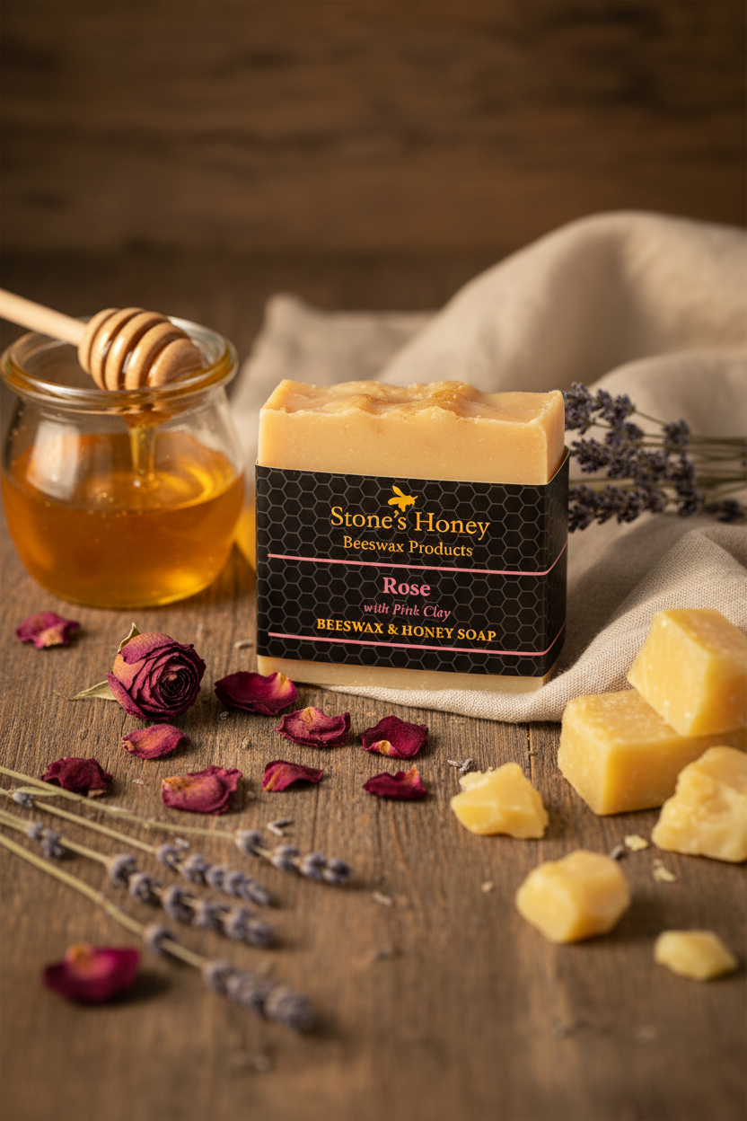 Honey & Beeswax Soap Rose scented | Natural Floral Bar with Pink Clay | 80g