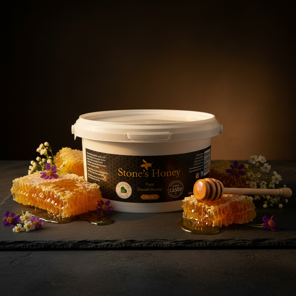 3kg bulk honey tub A large white tub of Stone's Honey honey is displayed on a dark slate surface with honeycomb, a wooden honey dipper, and small purple flowers against a dark background.